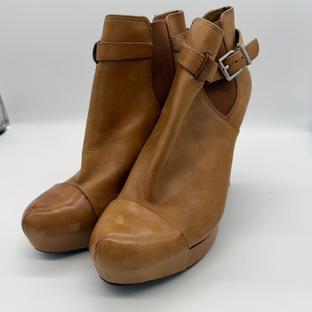 Gianni Bini Womens Y2K Tan Leather Platform Ankle Boots Buckle Heel 9M